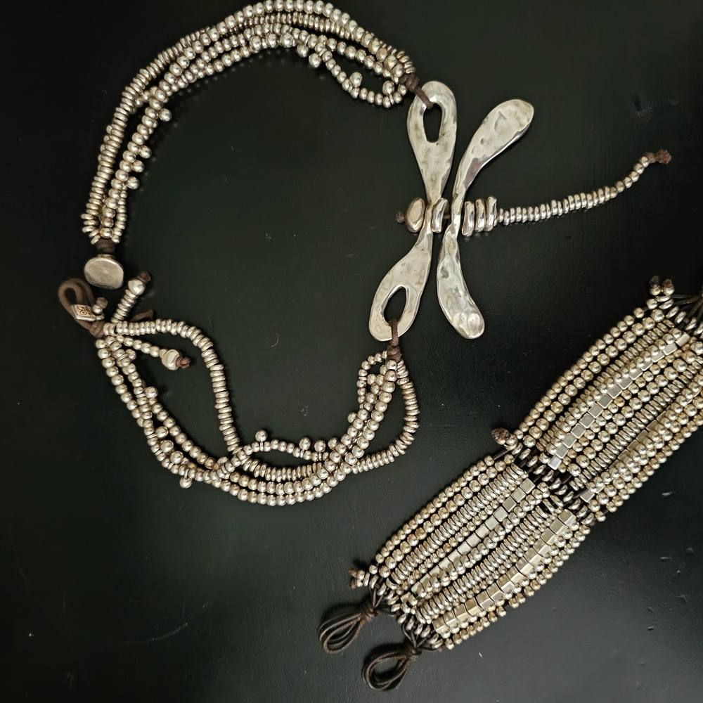 Silver Beaded Necklace and Bracelet Set